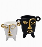 CERAMIC PLANTER FACE WHITE BLACK GOLDEN EYE SET 2 - CAFE, SIDE TABLES